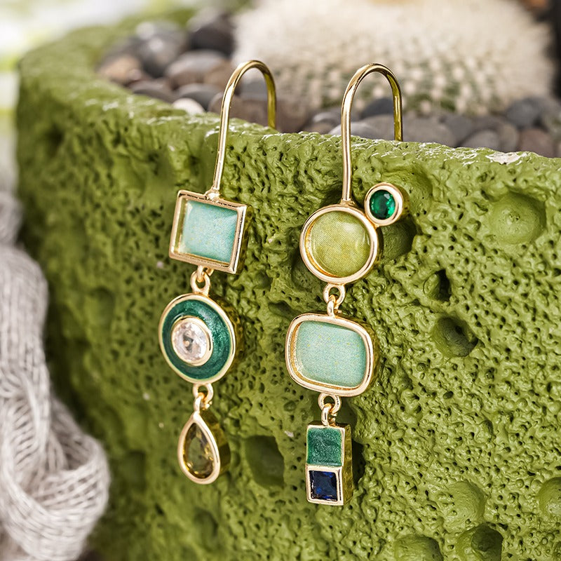 Vintage Geometric Green Stone Gold-Tone Drop Earrings