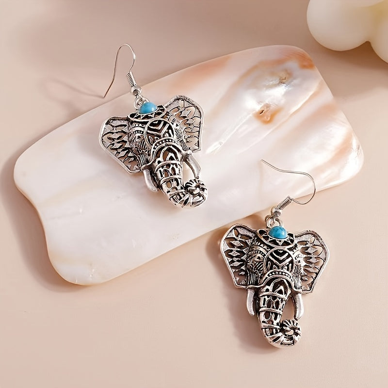 Vintage Turquoise Elephant Silver-Plated Boho Drop Earrings