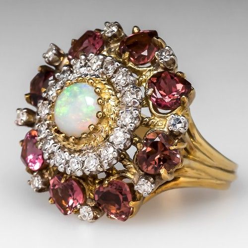 Vintage-Style White Opal-Look and Garnet Zirconia Gold-Tone Ring