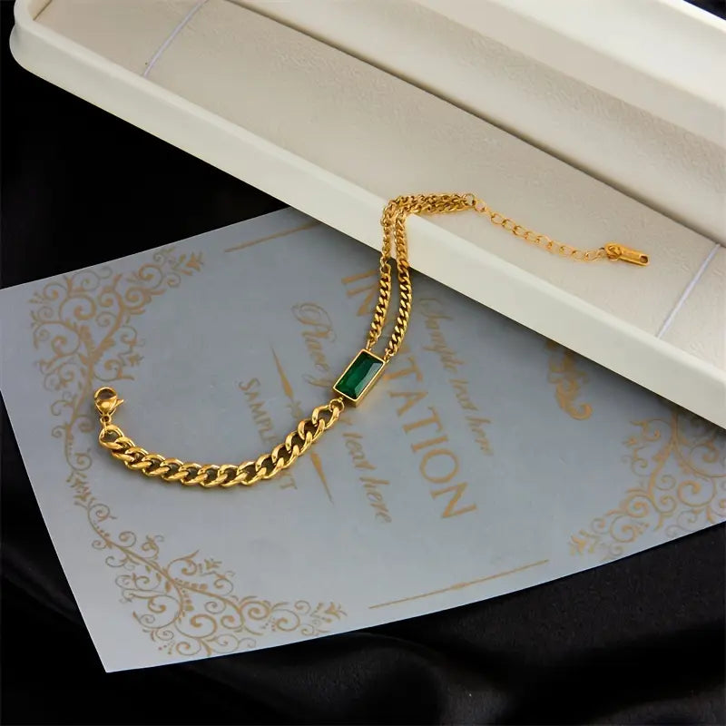 Gold-Tone Double Chain Bracelet with Green Baguette Stone