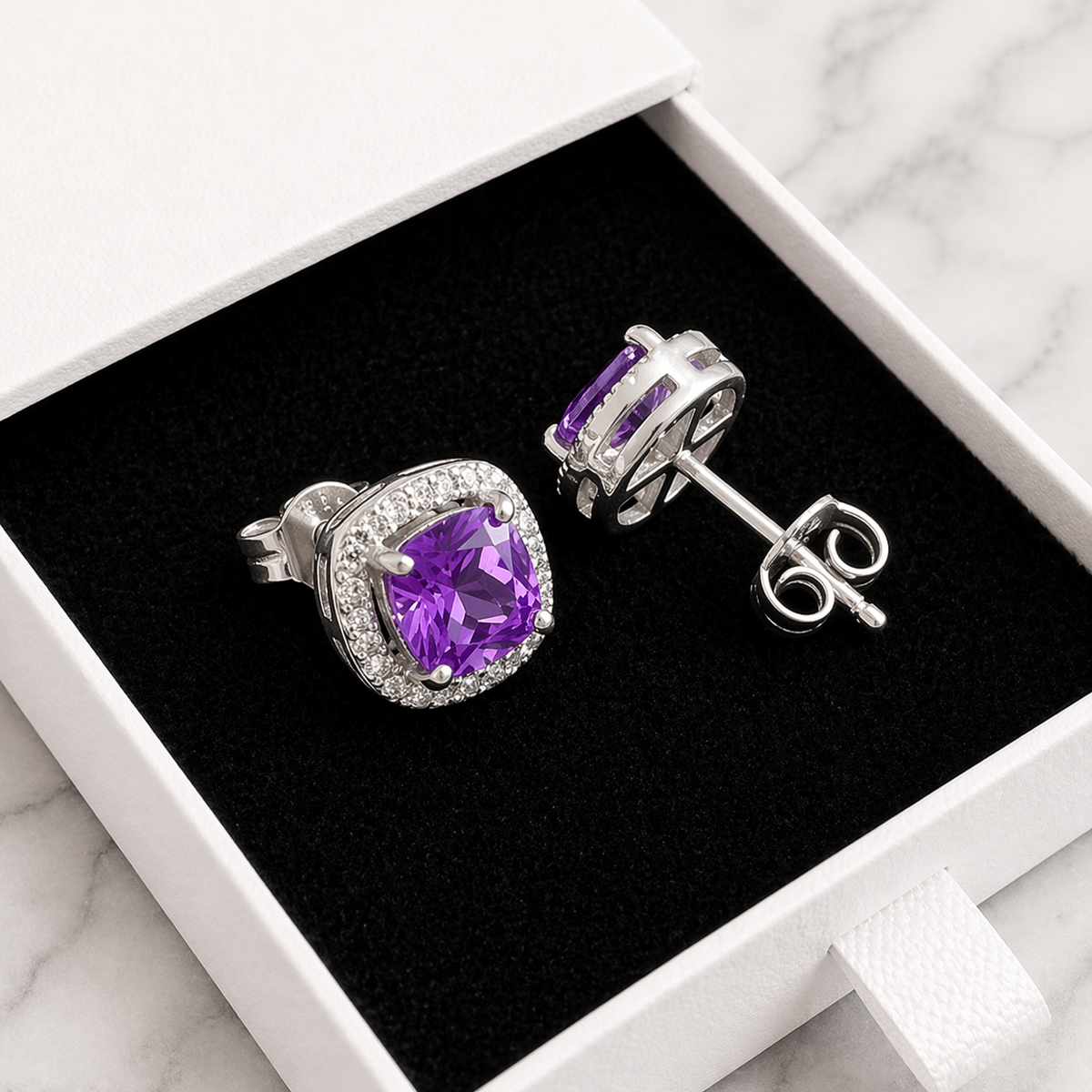 Amethyst-Look Square Pavé Stud Earrings in White Gold Tone