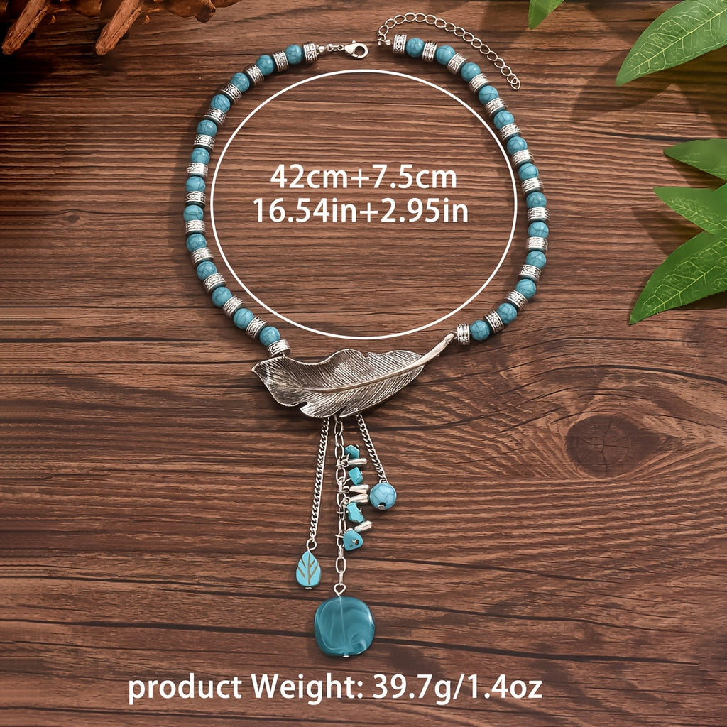 Vintage Bohemian Turquoise Bead Leaf Pendant Necklace