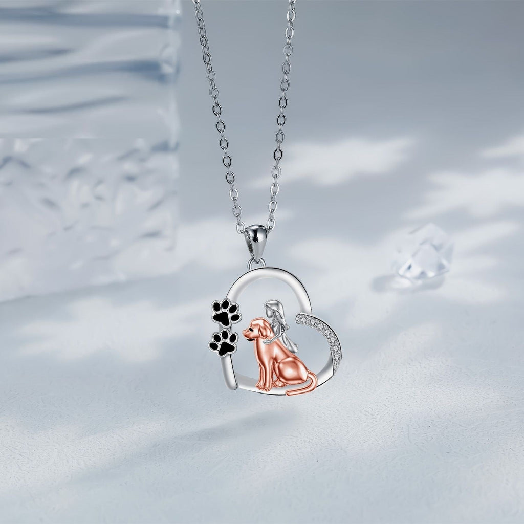 Rose Gold-Tone Heart Dog and Girl Necklace