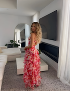 Floral Ruffle Skirt Sleeveless Strappy Maxi Dress