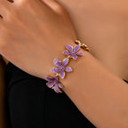 Vintage-Style Purple Enamel Flower Gold-Plated Bracelet