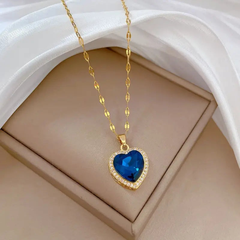 Blue Heart Stone Pendant Necklace in Gold Tone