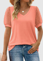 Puff Sleeve V-Neck Blouse with Dot Pattern