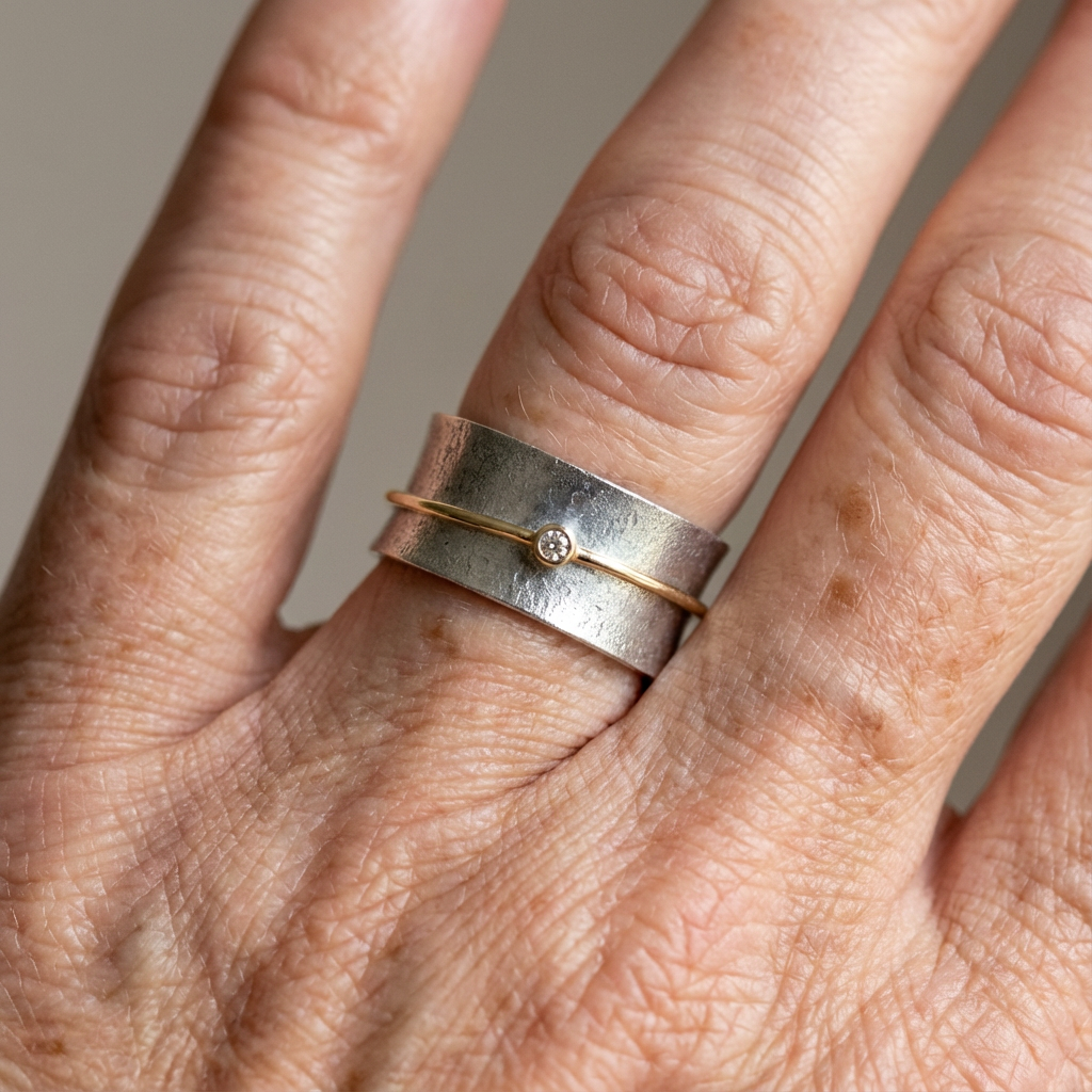 Minimalist Silver-Tone Band with Gold-Tone Diamond-Look Accent
