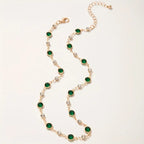 Green Stone Station Chain Necklace in Gold Tone