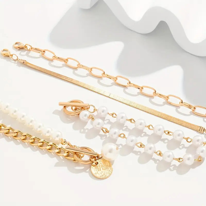 Four-Piece Gold-Tone Bracelet Set with Snake, Pearl and Link Chains