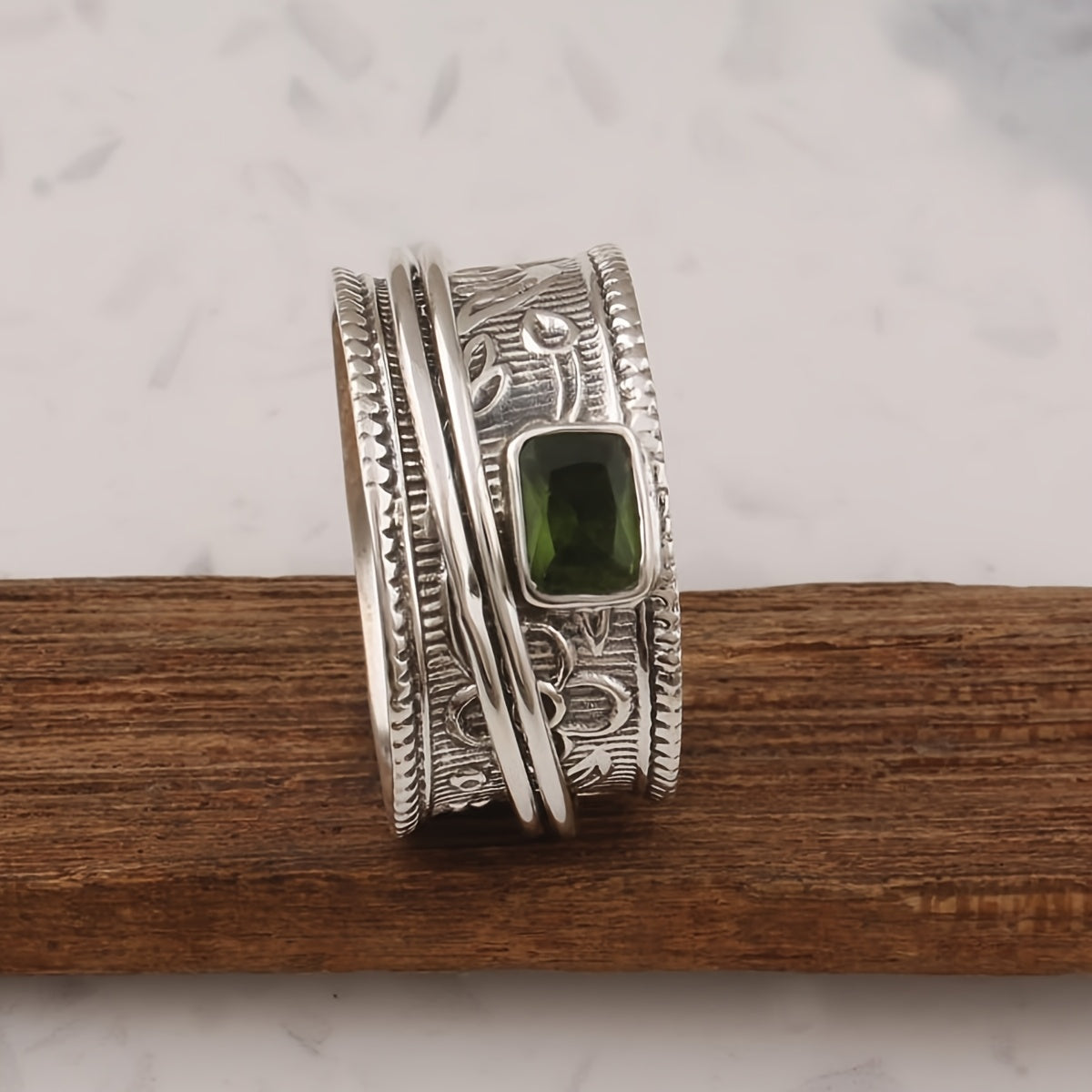 Vintage-Style Bohemian Wide Band Zirconia Silver-Plated Ring