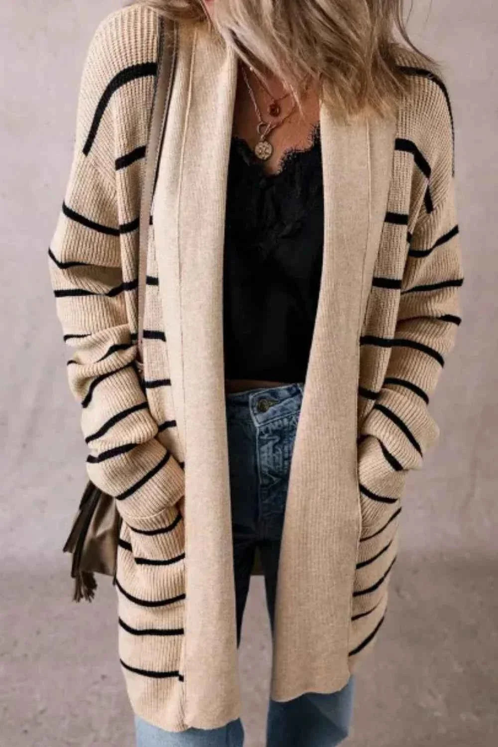 Striped Open-Front Cardigan with Long Sleeves and Soft Knit