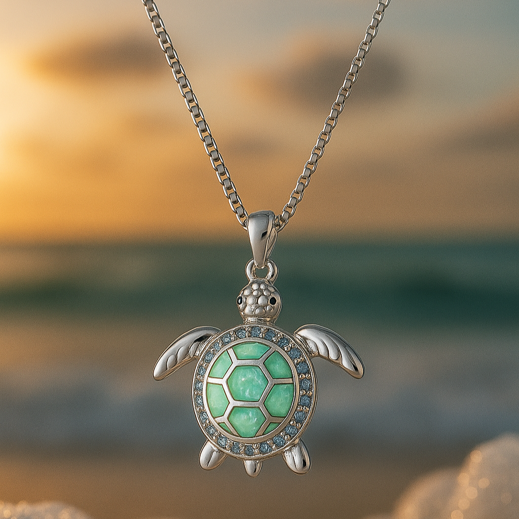 Silver-Tone Turtle Necklace with Turquoise Opal-Look Inlay