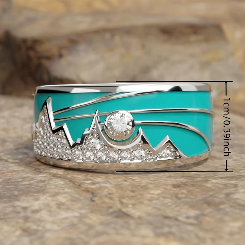 Bohemian Zirconia Inlaid Enamel Mountain and Sun Ring