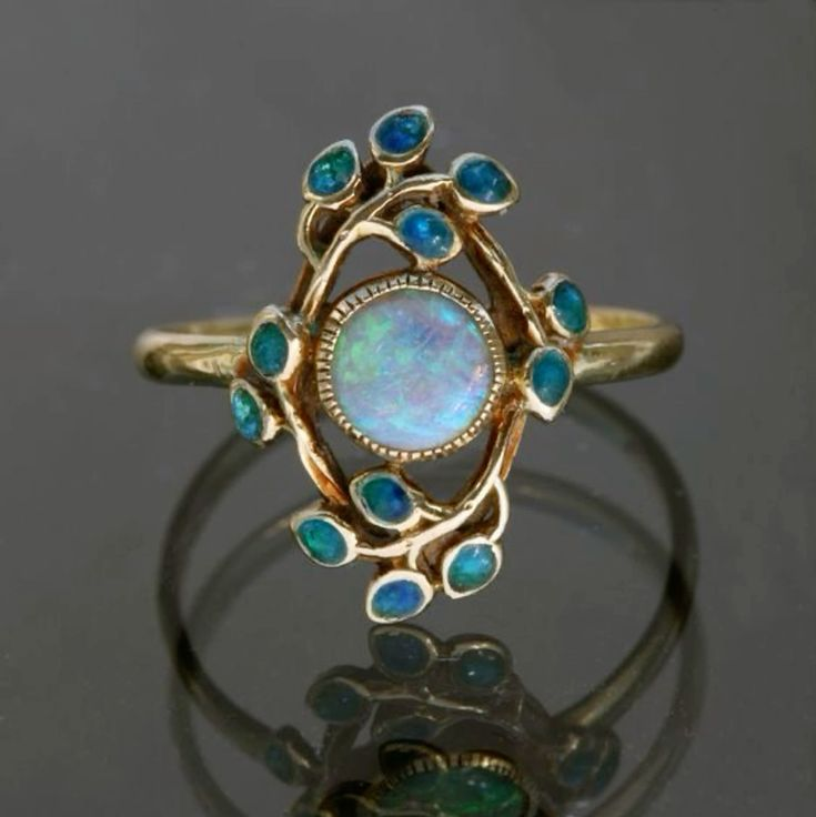 Vintage-Style Floral Opal-Look and Blue Crystal Gold-Tone Ring