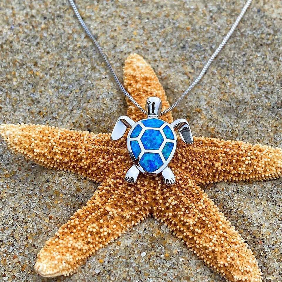 Sea Turtle Necklace and Earrings Set with Opal-Look Stone