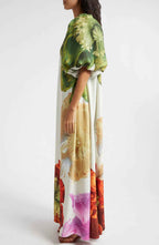 One-shoulder maxi-jurk van crêpe met bloemenprint en zakken