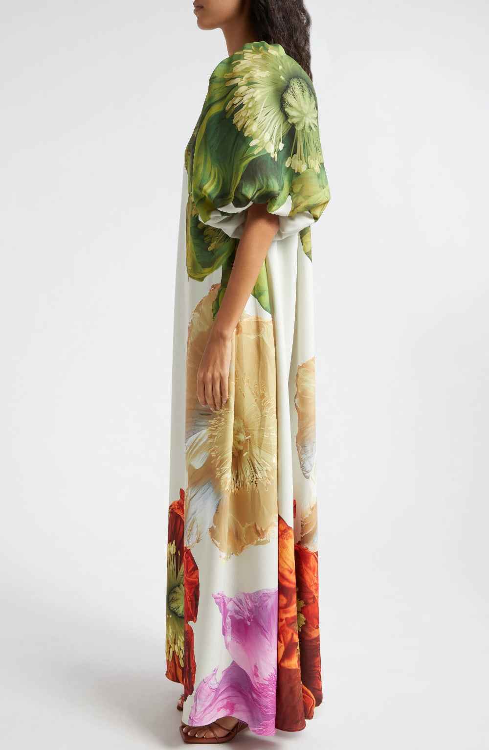 One-shoulder maxi-jurk van crêpe met bloemenprint en zakken