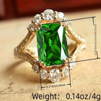 Long Green Crystal Ring with Ornate Gold-Tone Frame