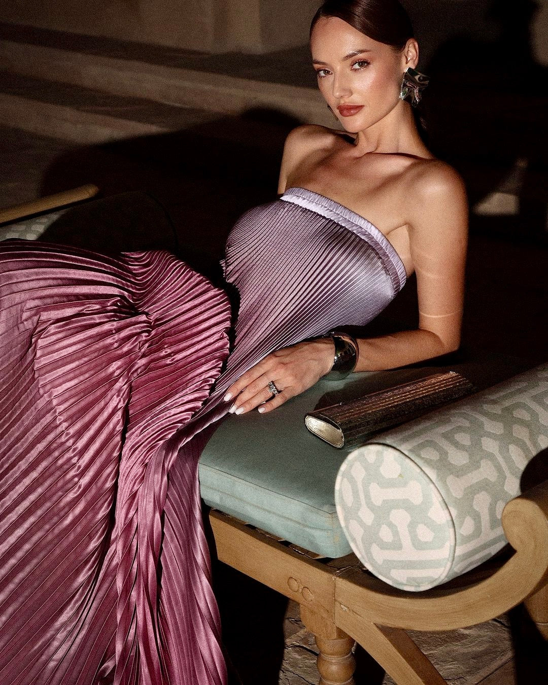 Pleated Strapless Evening Maxi Dress With Soft Sheen