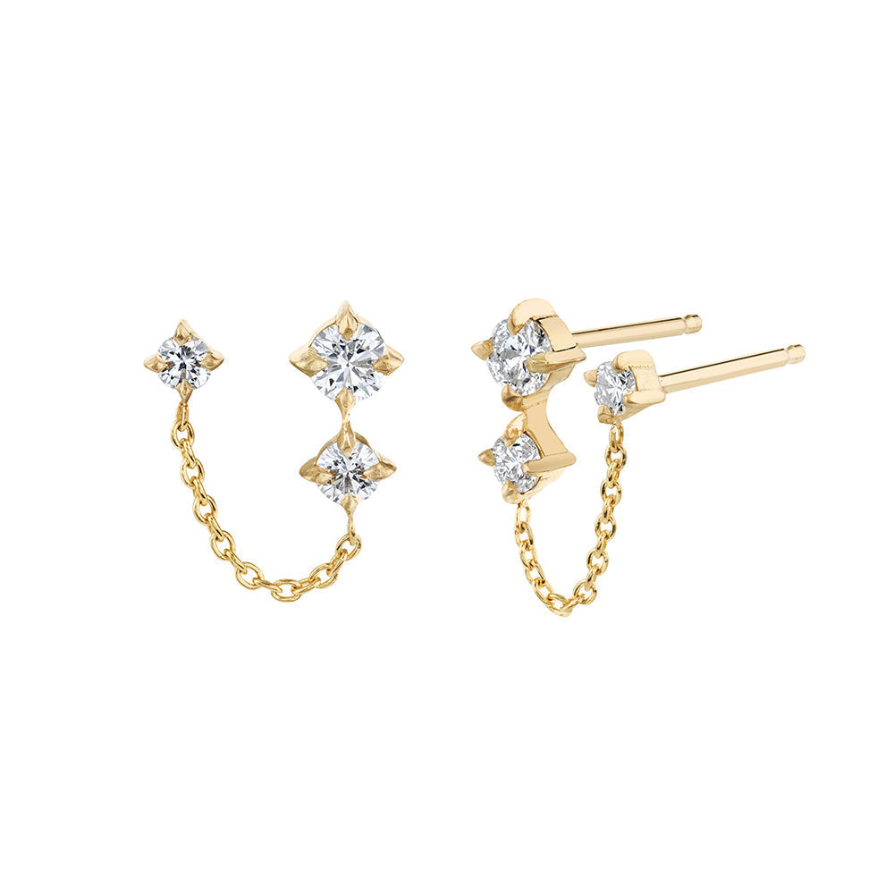 Crystal Chain Double Stud Earrings in Gold Tone