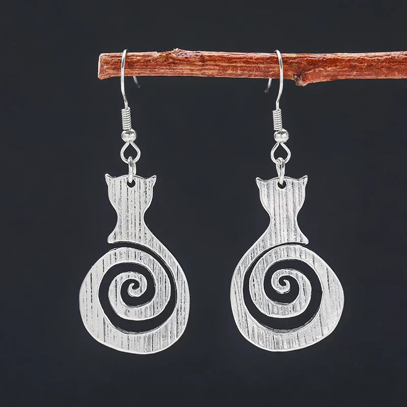 Vintage-Style Cat Silhouette Spiral Earrings