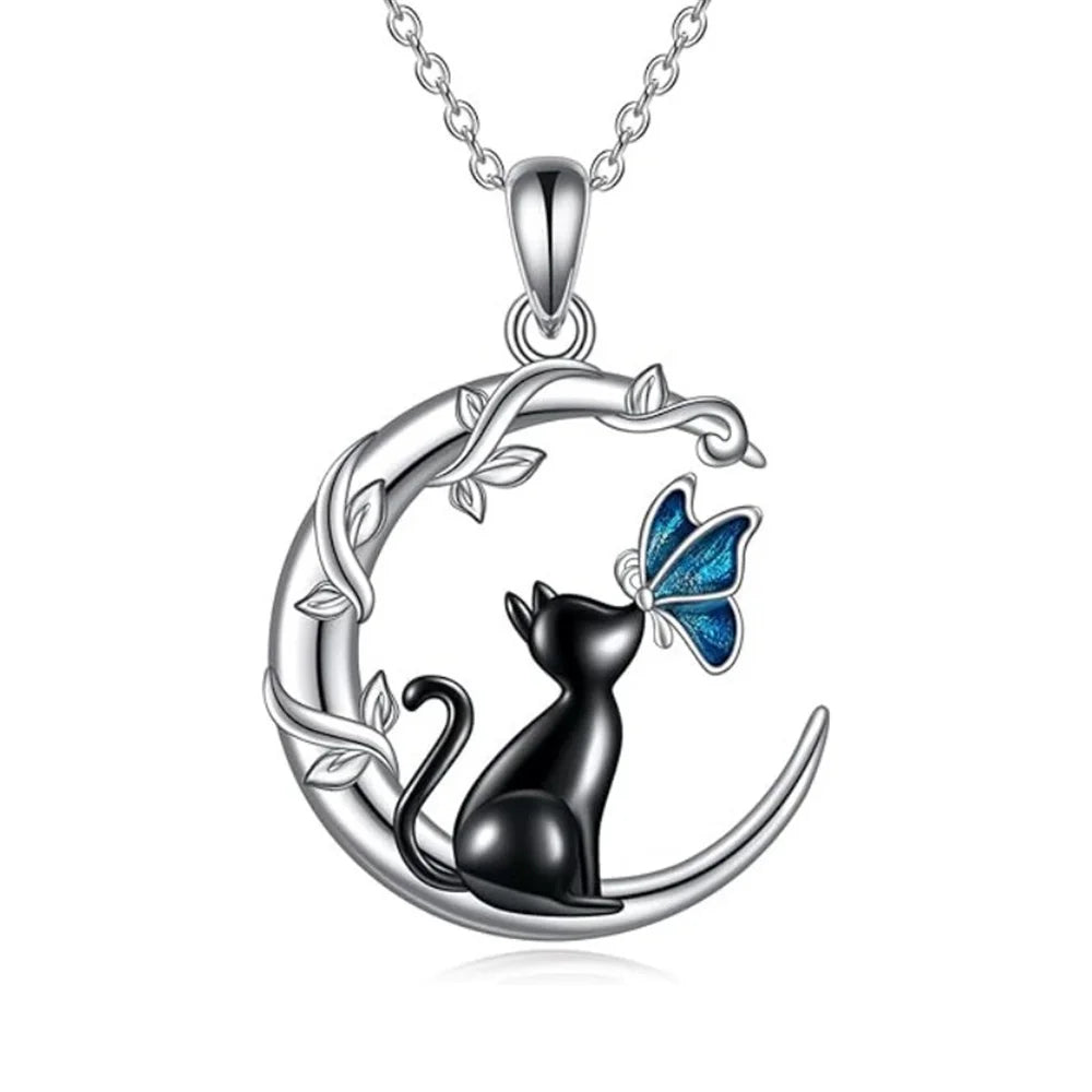 Moon, Cat and Butterfly Crystal Pendant Necklace