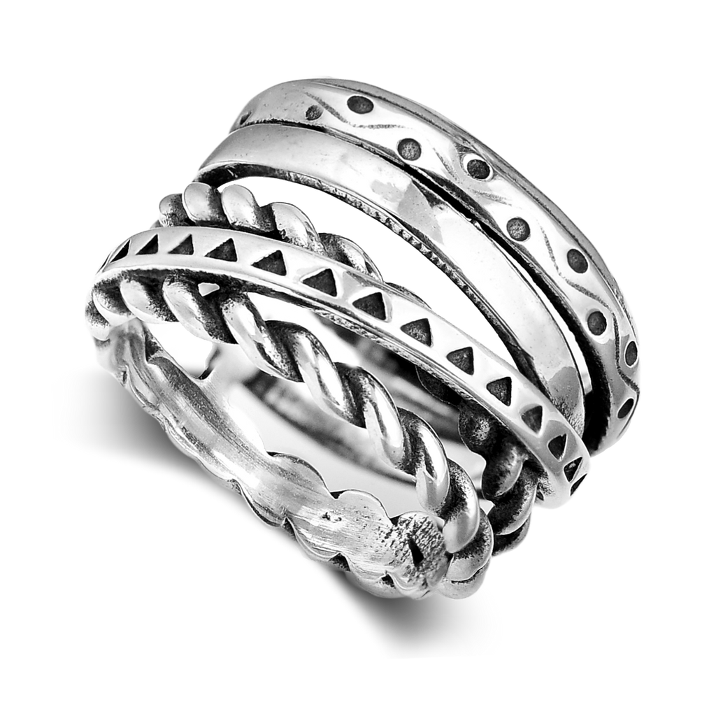 Bohemian Aztec Wide Band Silver-Tone Ring