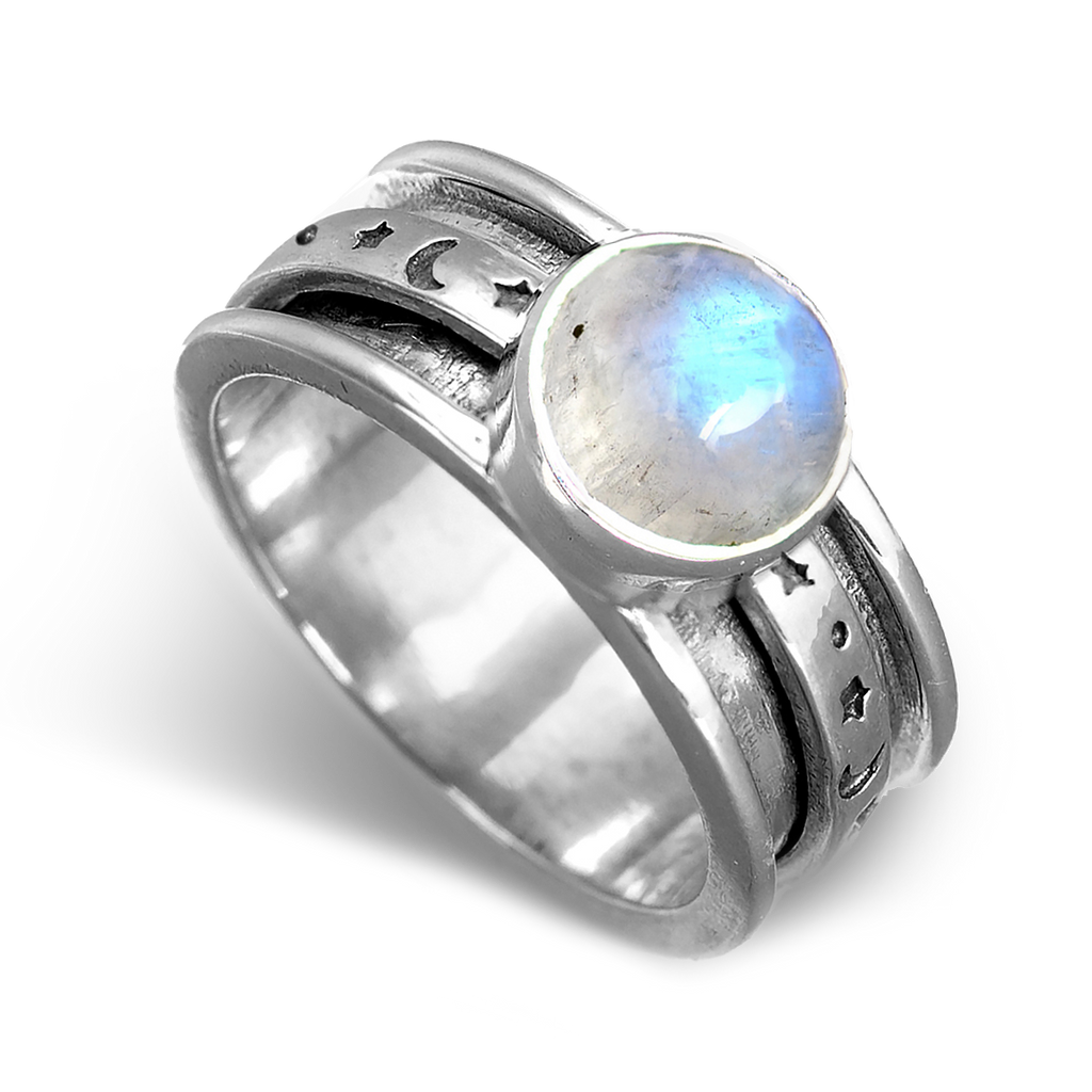 Celestial Stars, Moon and Moonstone Fidget Silver-Tone Ring