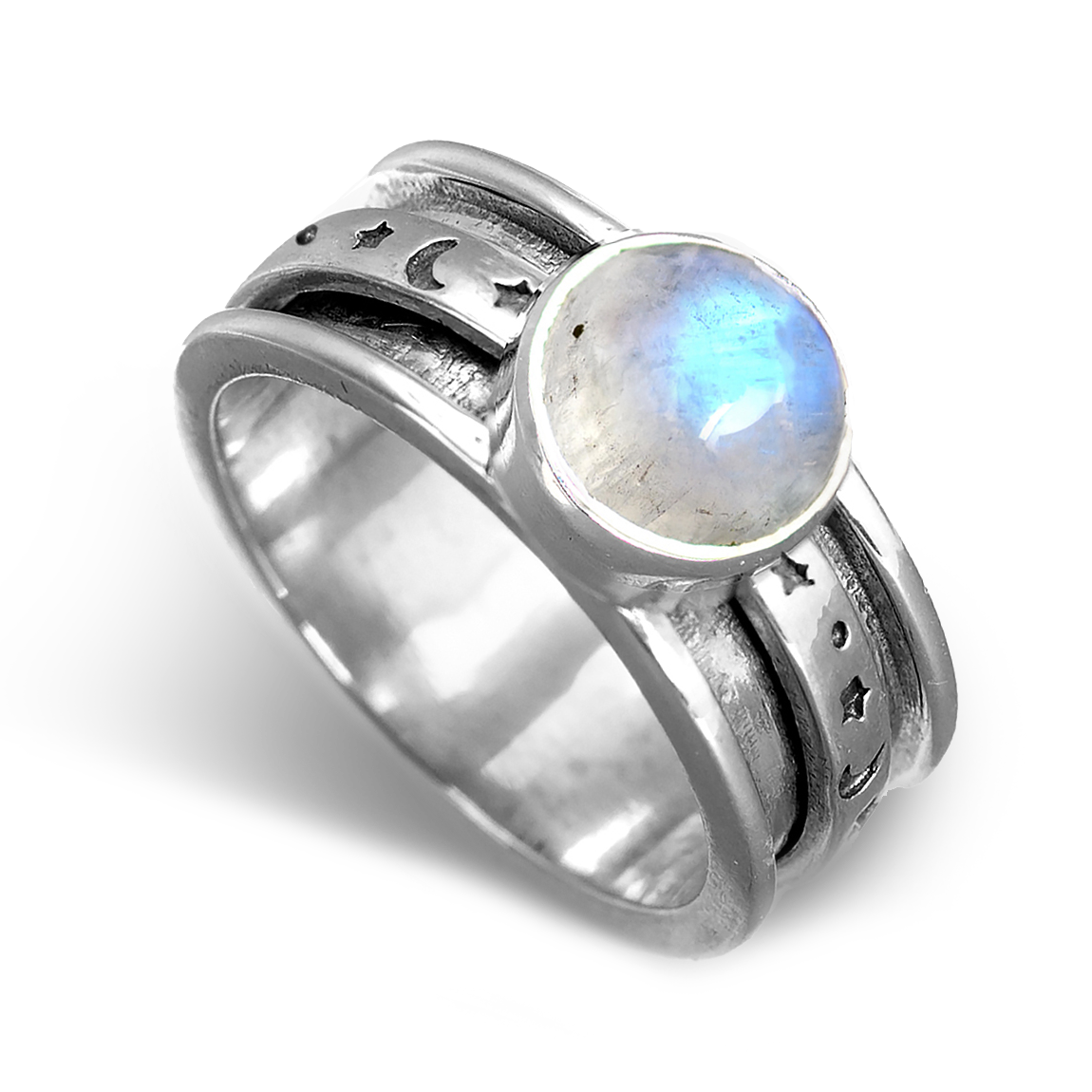 Celestial Stars, Moon and Moonstone Fidget Silver-Tone Ring