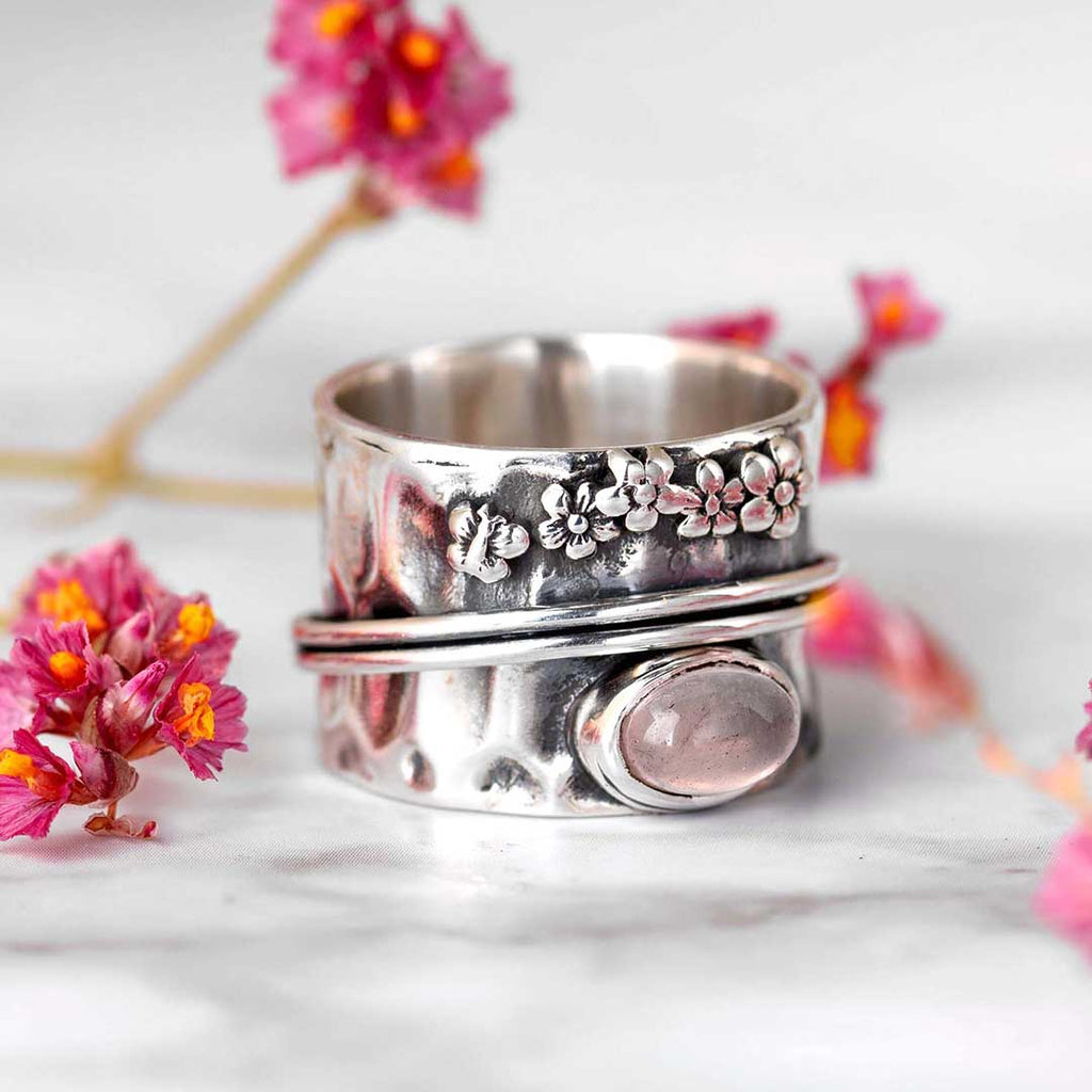 Rose Quartz Flower and Butterfly Spinner Ring