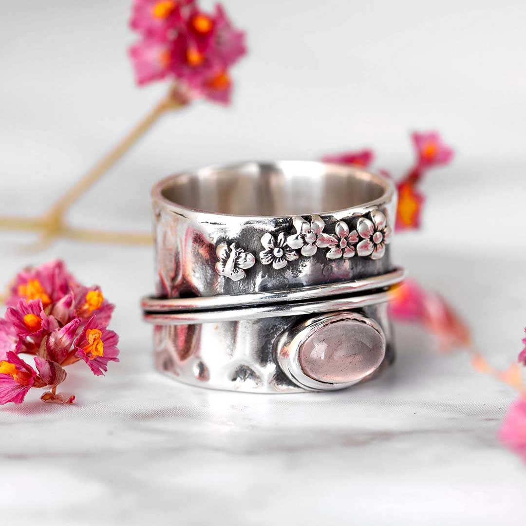 Rose Quartz Flower and Butterfly Spinner Ring