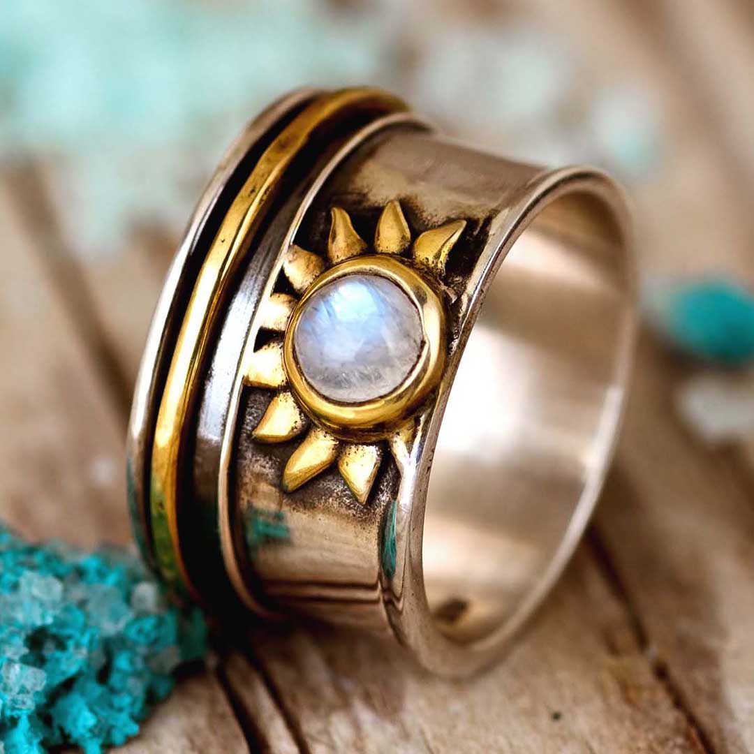 Celestial Sun Moonstone Fidget Silver-Tone Ring