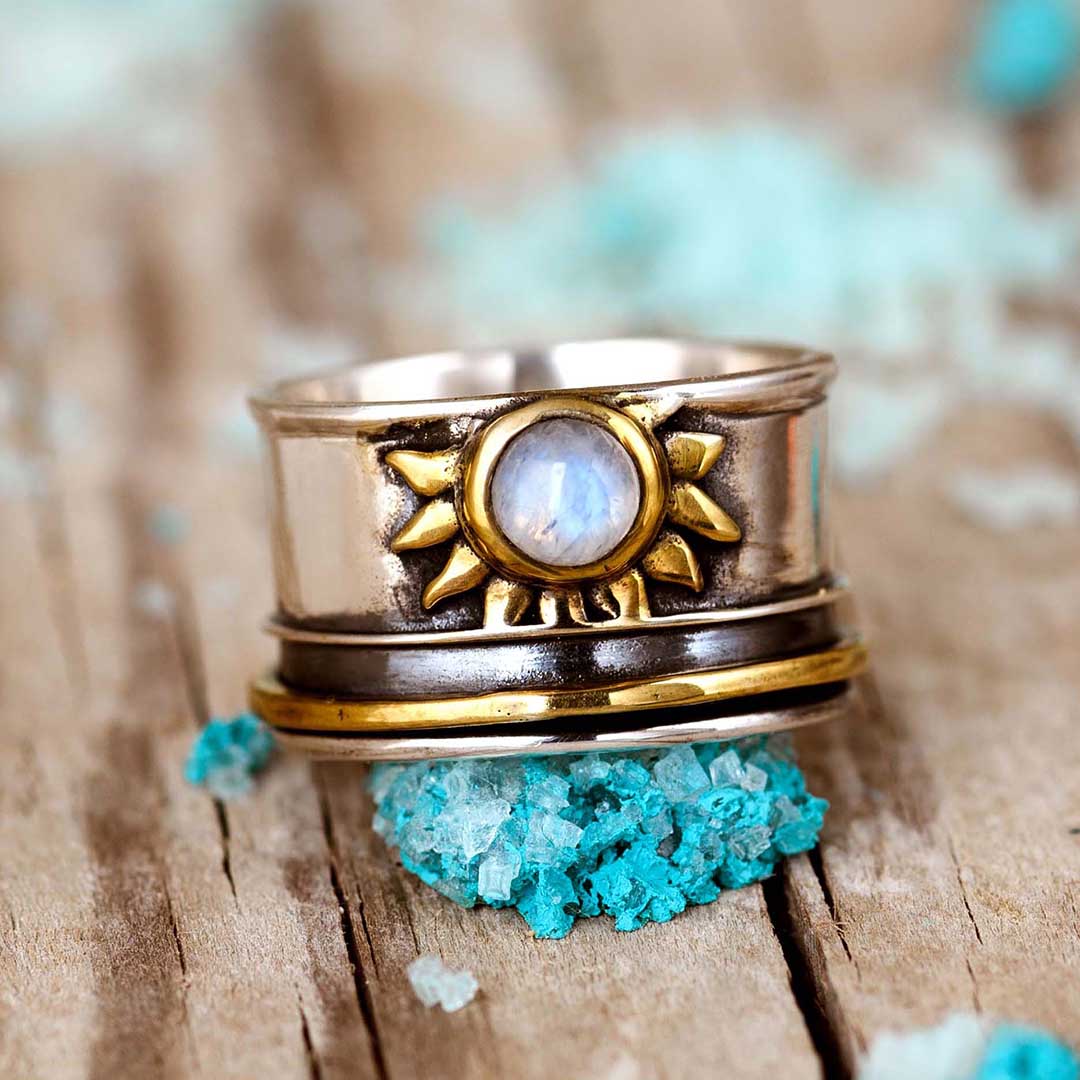 Celestial Sun Moonstone Fidget Silver-Tone Ring