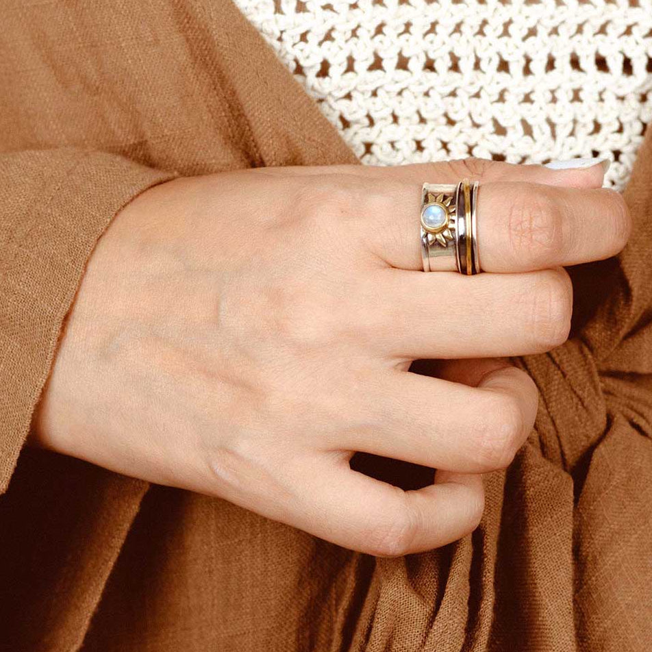 Celestial Sun Moonstone Fidget Silver-Tone Ring