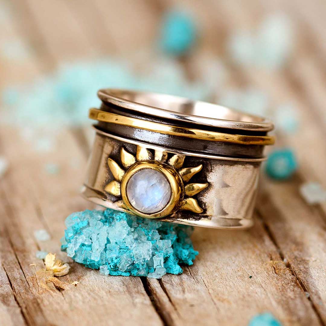 Celestial Sun Moonstone Fidget Silver-Tone Ring