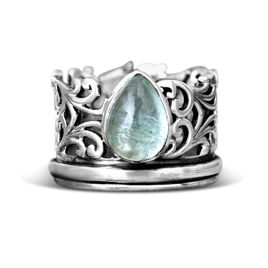 Teardrop Aquamarine-Look Fidget Silver-Tone Ring