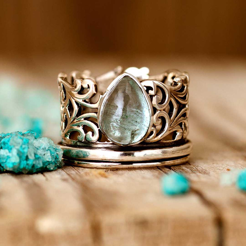 Teardrop Aquamarine-Look Fidget Silver-Tone Ring