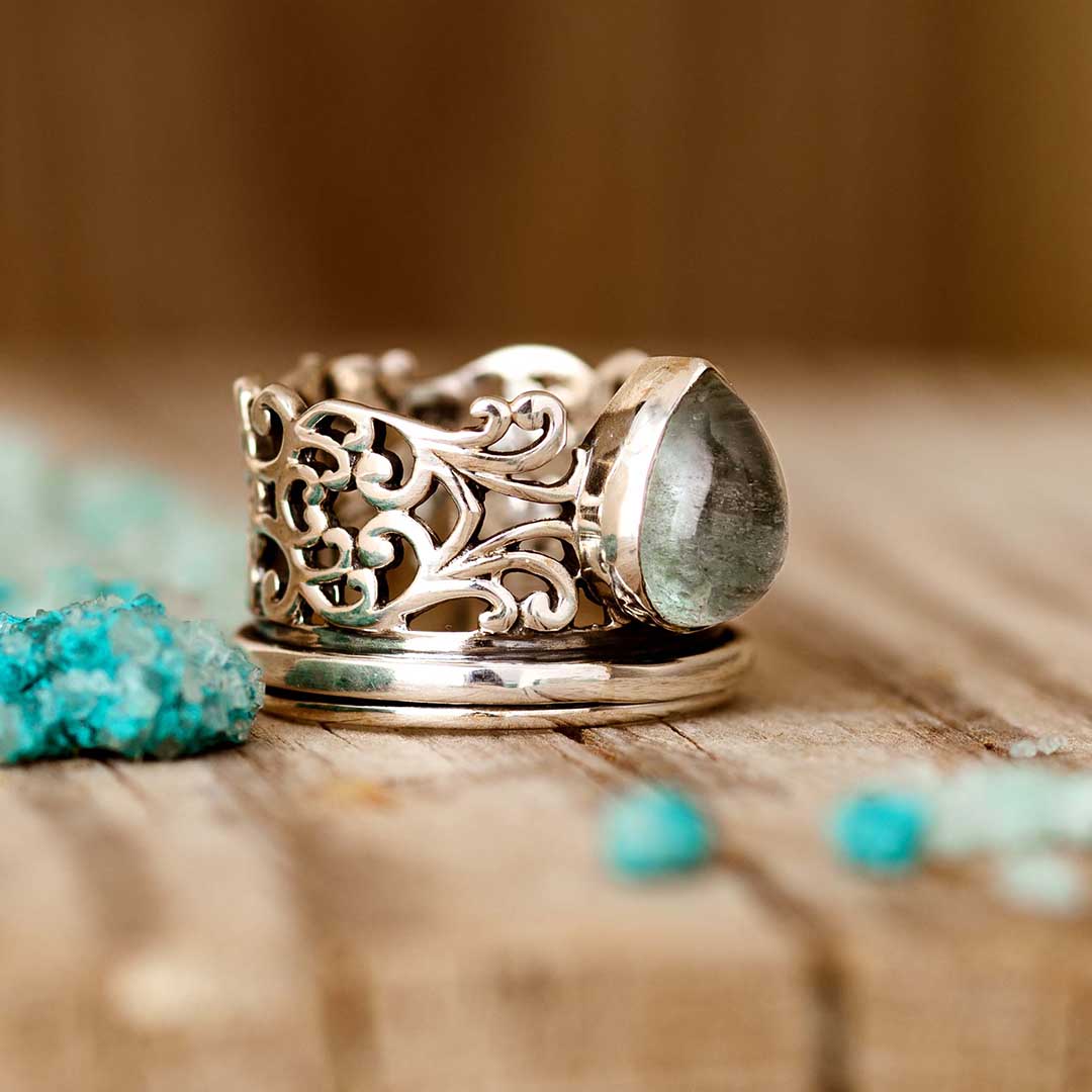 Teardrop Aquamarine-Look Fidget Silver-Tone Ring