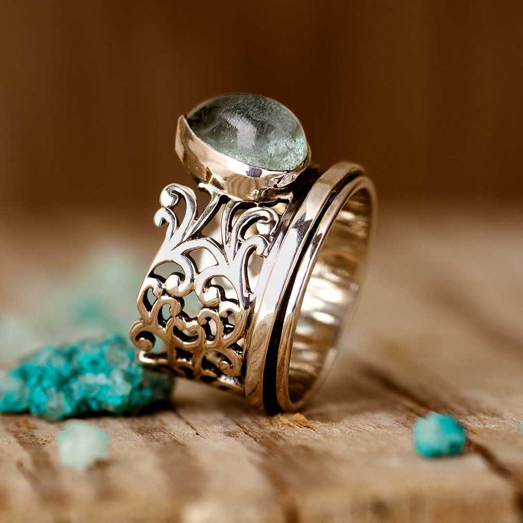 Teardrop Aquamarine-Look Fidget Silver-Tone Ring
