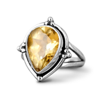 Peervormige zilverkleurige druppelring met citrienlook