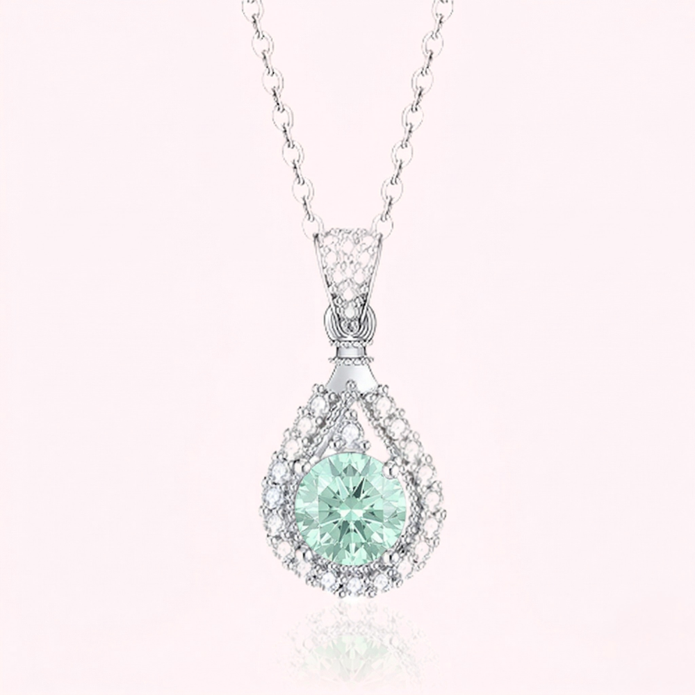 Green Teardrop Halo Pendant in White Gold Tone