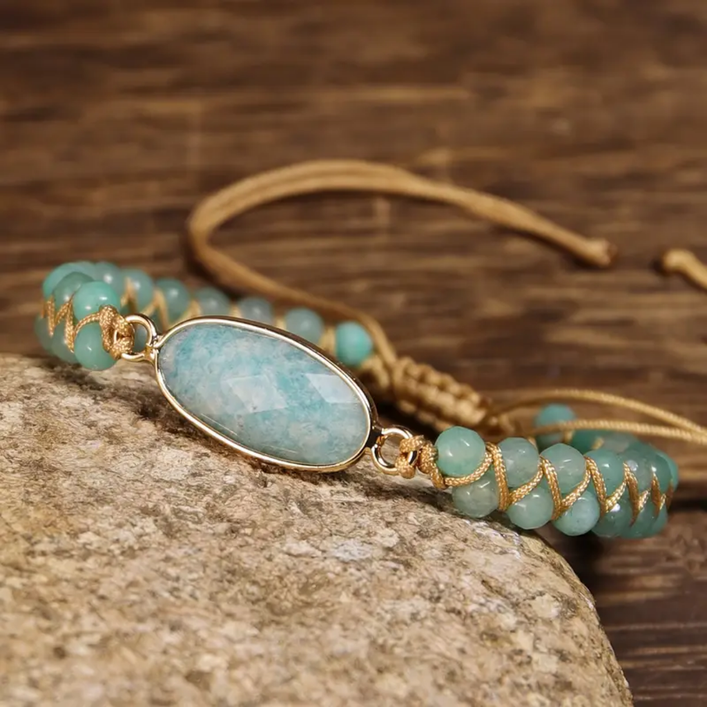 Amazonite Bracelet with Oval Centrepiece Framed in Gold Tone