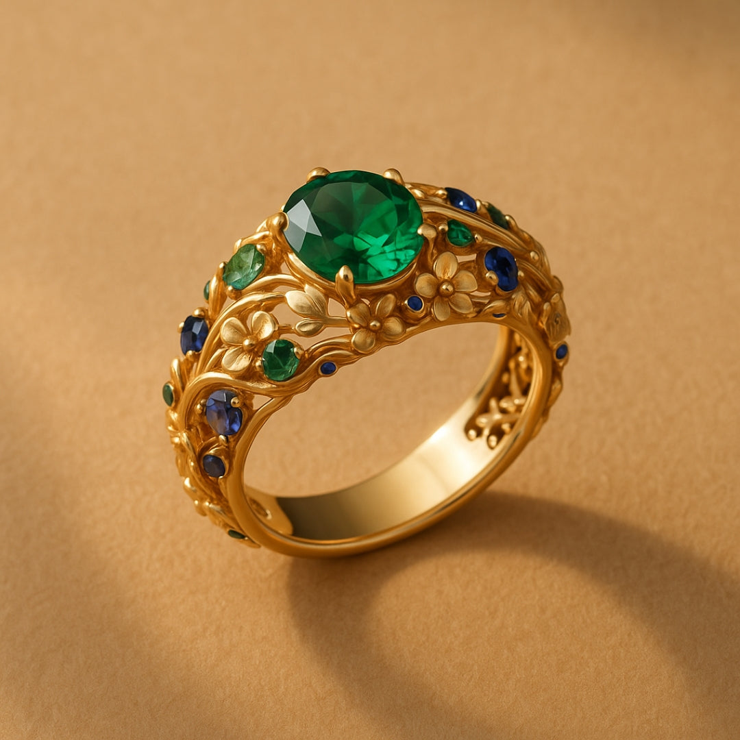 Green and Blue Crystal Gold-Tone Ring