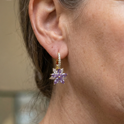 Purple Flower Drop Earrings in Gold Tone