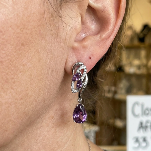 Amethyst-Look Drop Earrings in White Gold Tone