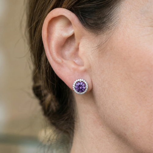 Amethyst-Look Round Pavé Stud Earrings in White Gold Tone