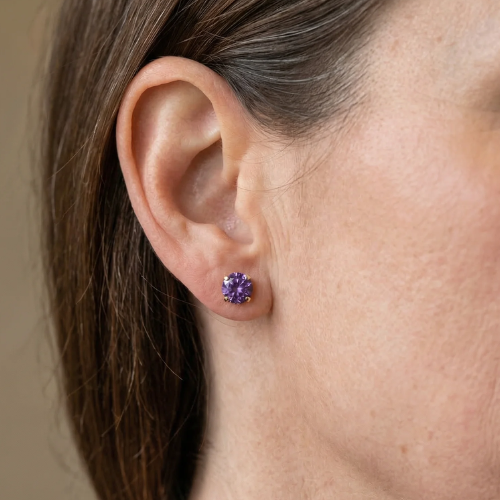 Amethyst-Look Round Stud Earrings in White Gold Tone