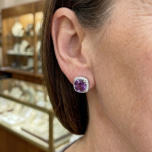 Amethyst-Look Square Pavé Stud Earrings in White Gold Tone