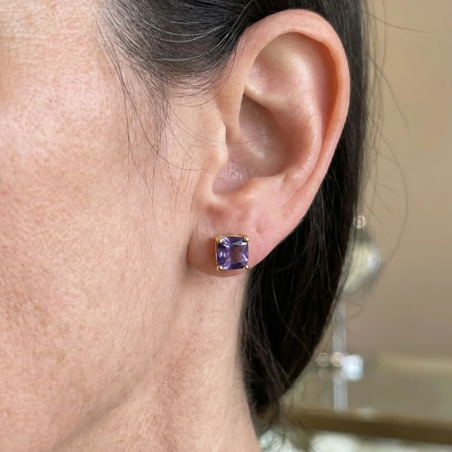 Amethyst-Look Square Stud Earrings in Gold Tone